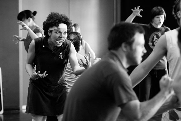 Acting out. Acting students in Movement class. Vancouver Film School.